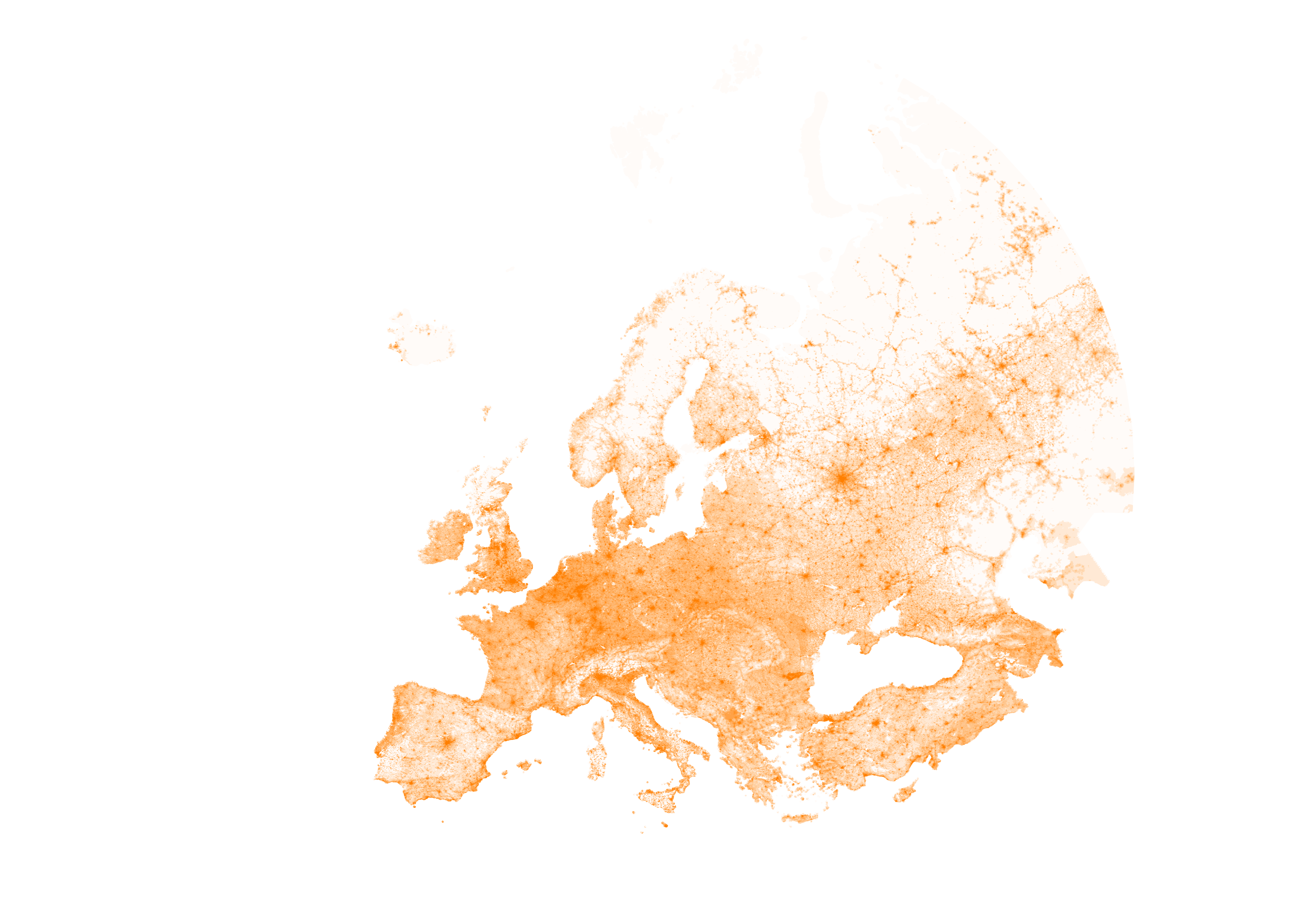 Wordlpop European population density scaled in shards of orange aggregated into hexagons