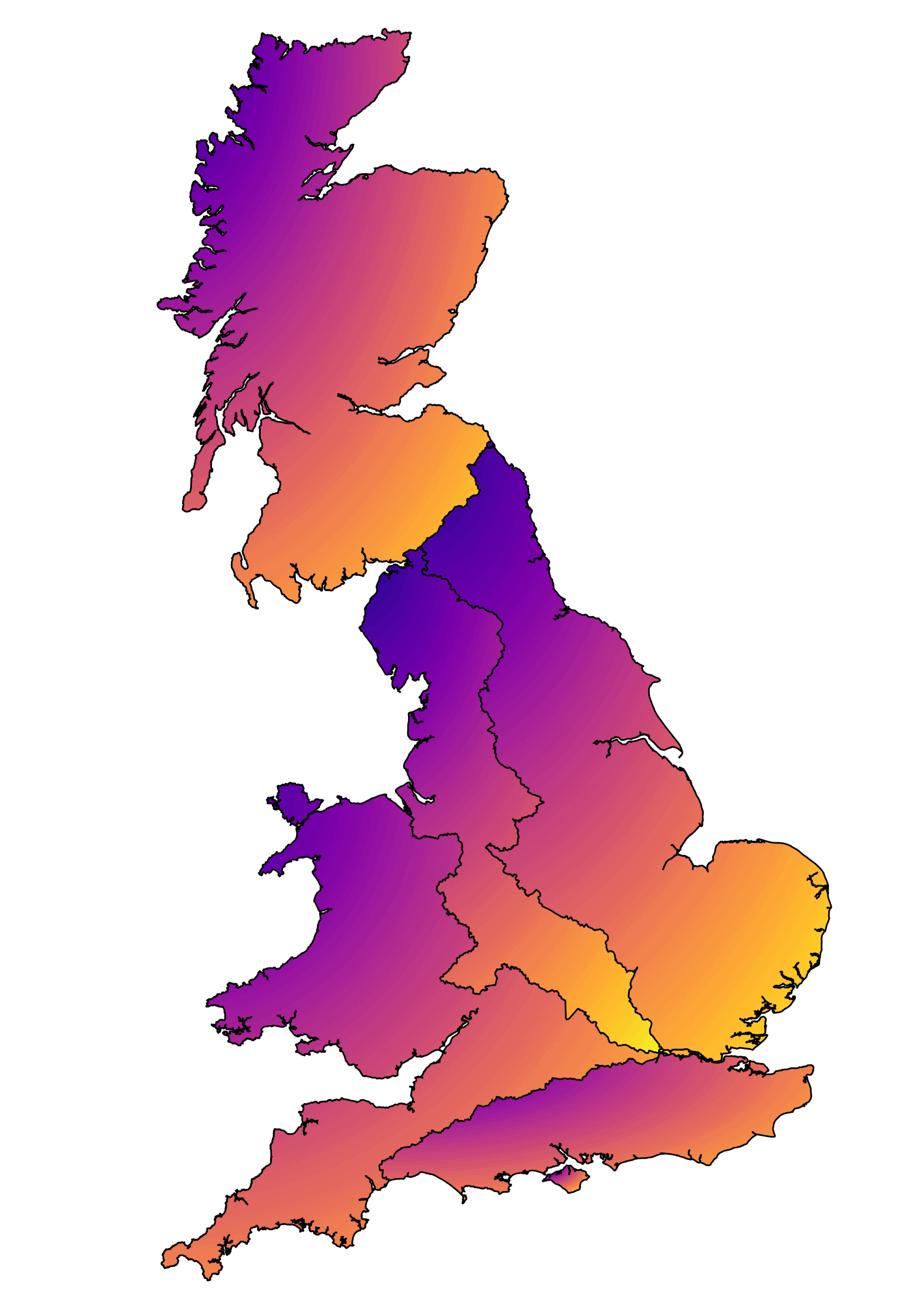 An animated hierarchical map of the organisational operational boundaries of Network Rail as black lines and shading from route, region, maintenance delivery units and beyond.