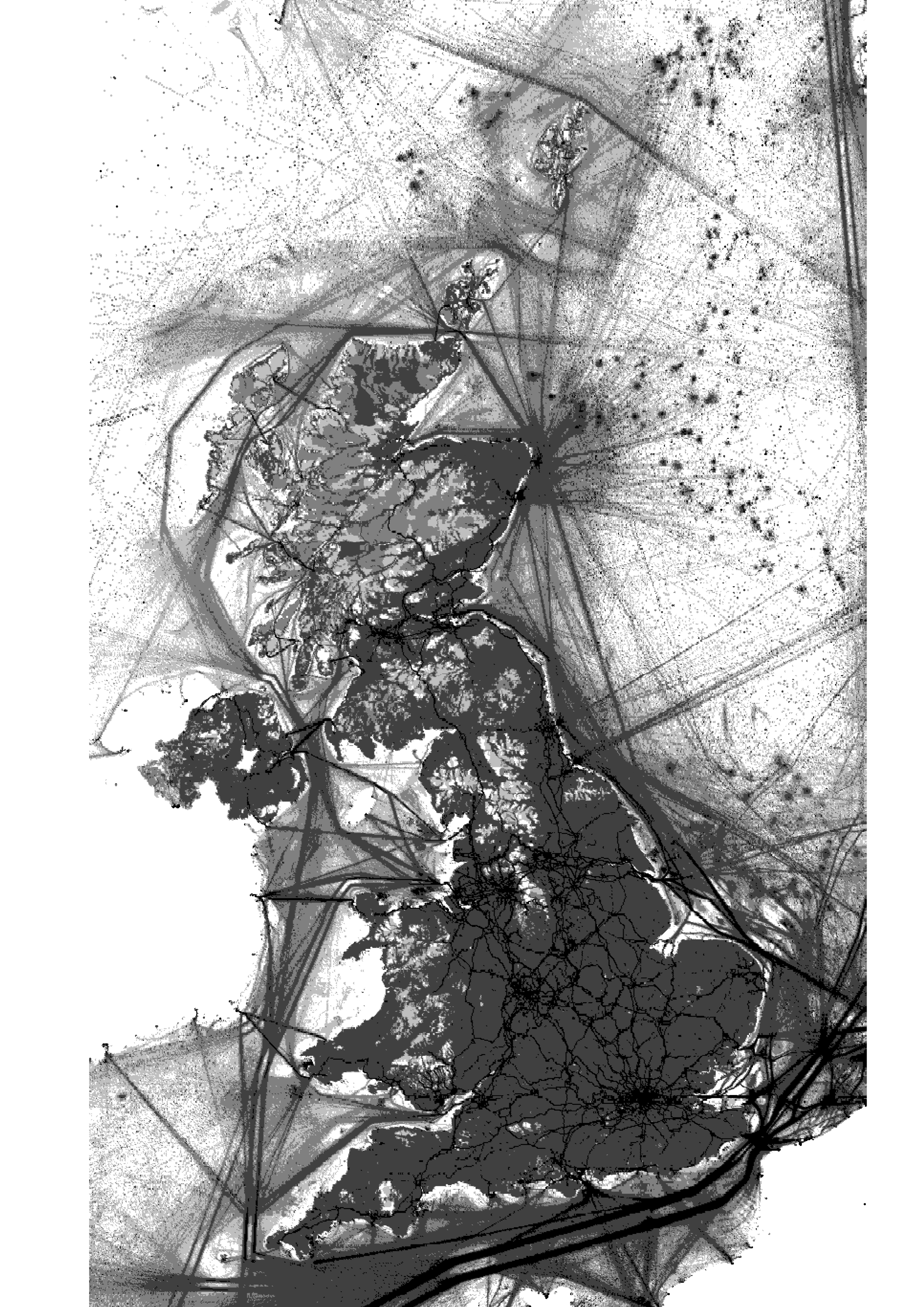 A map of the UK showing atmospheric pollution in black using the NAEI 2023 all pollution dataset. 