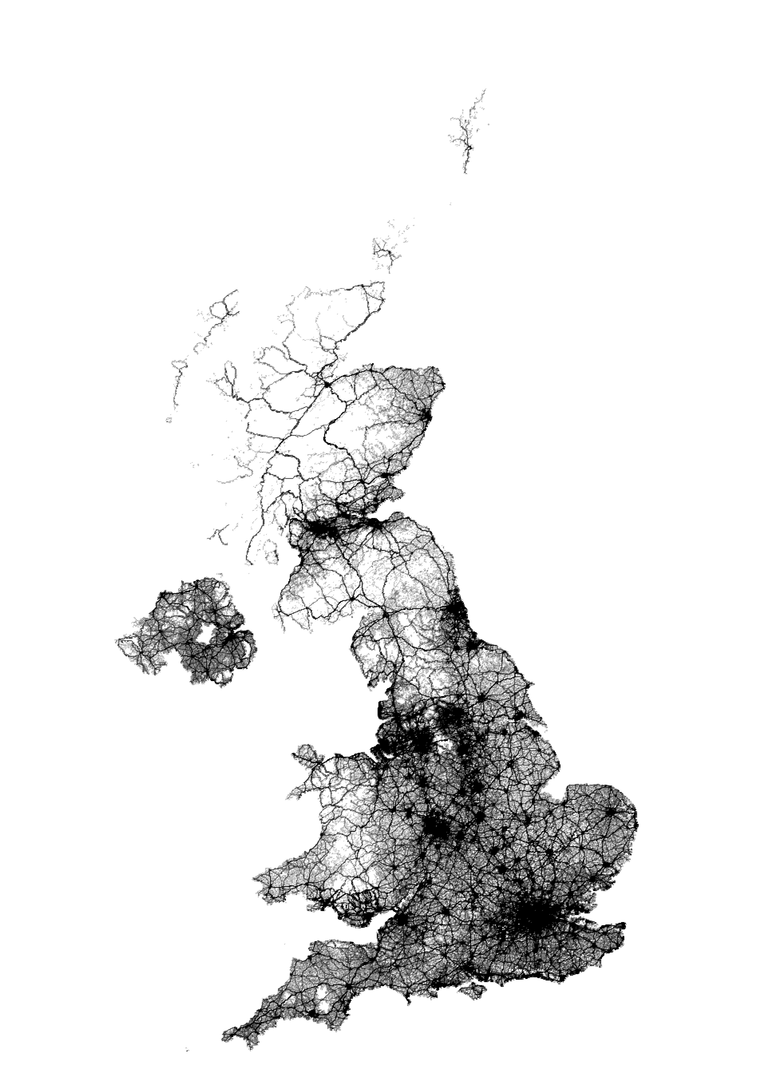 A map of the UK showing atmospheric pollution in black using the NAEI 2023 land transport pollution dataset.