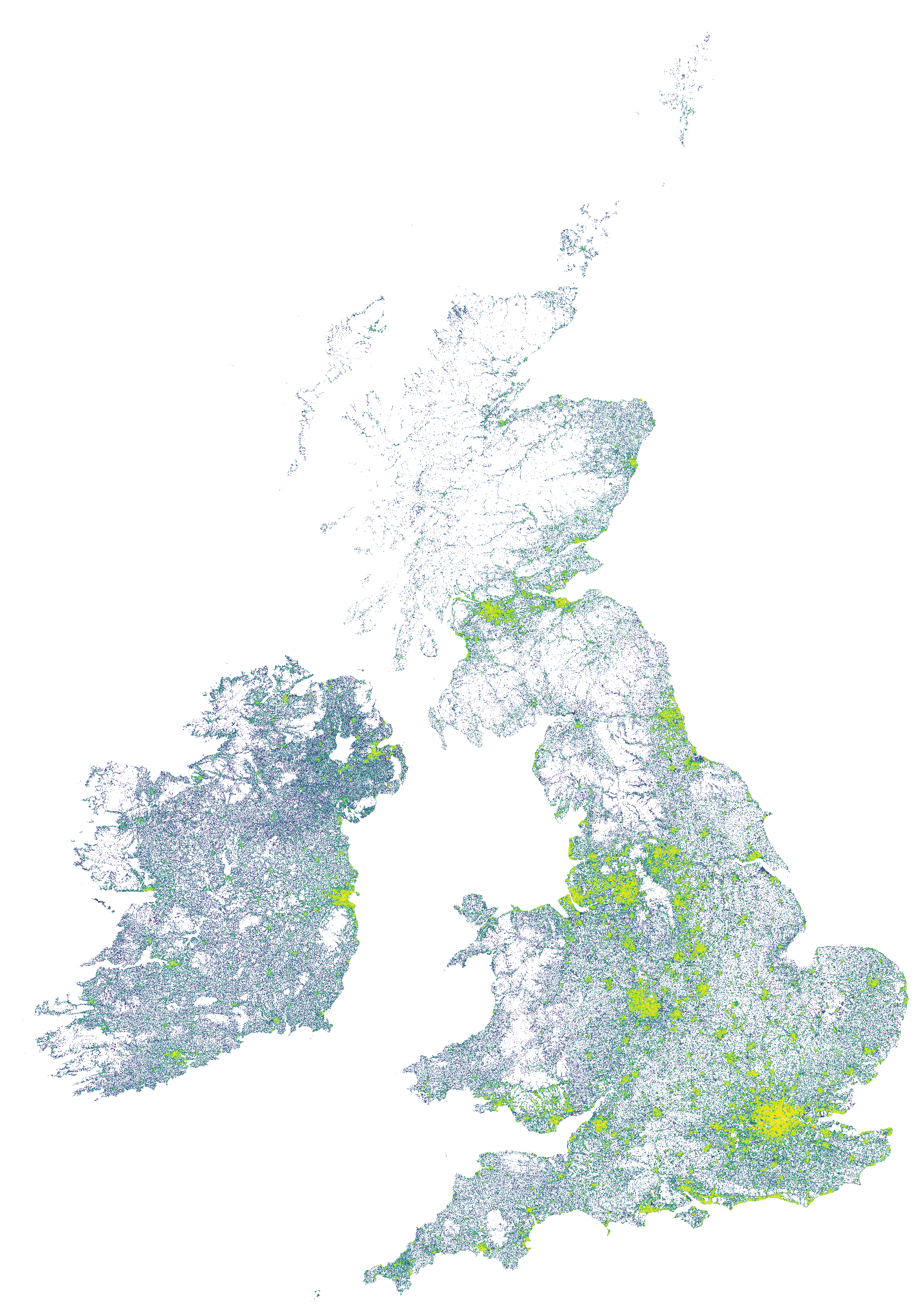 A map showing the population density of the UK and Ireland in shades of orange.