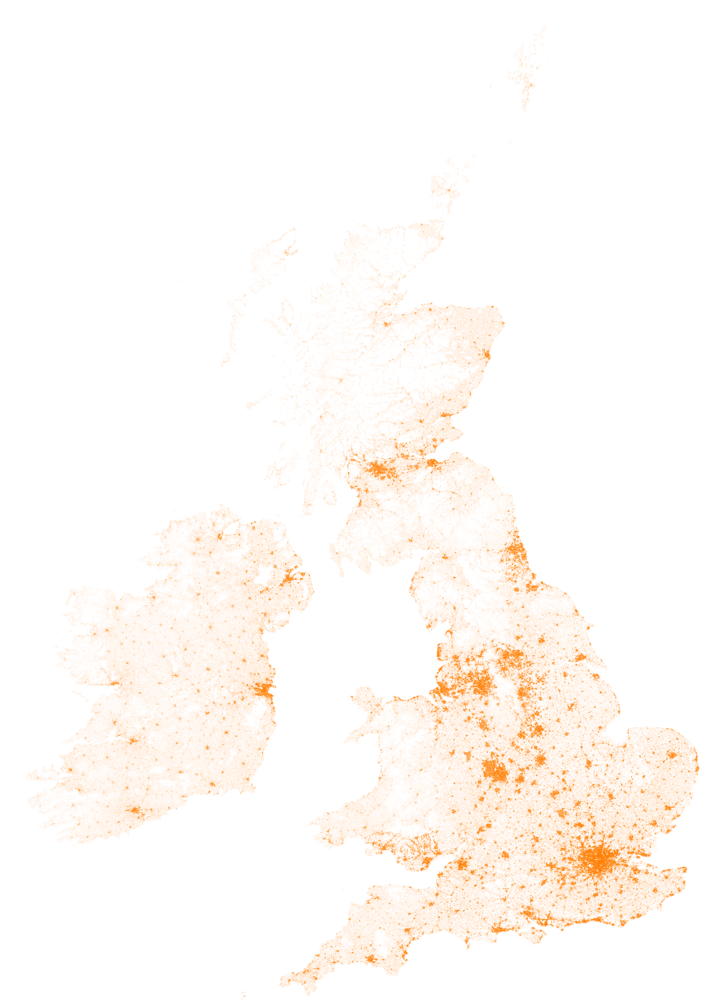 A map showing predicted population density change in the UK and Ireland between 2025 and 2030 in Viridis where darker colours are population reduction and lighter green or yellow indicate population growth